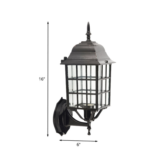 Grid Aluminum Wall Sconce Lodges 1 Bulb Courtyard Wall Light Fixture with Clear Glass Shade in Black Clearhalo 'Wall Lamps & Sconces' 'Wall Lights' Lighting' 728907