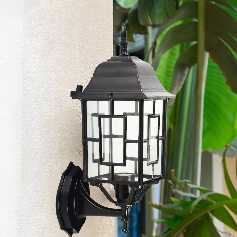 Metallic Pavilion Sconce Rustic 1 Head Garden Wall Lighting Ideas in Black with Clear Glass Shade Black Clearhalo 'Wall Lamps & Sconces' 'Wall Lights' Lighting' 728908