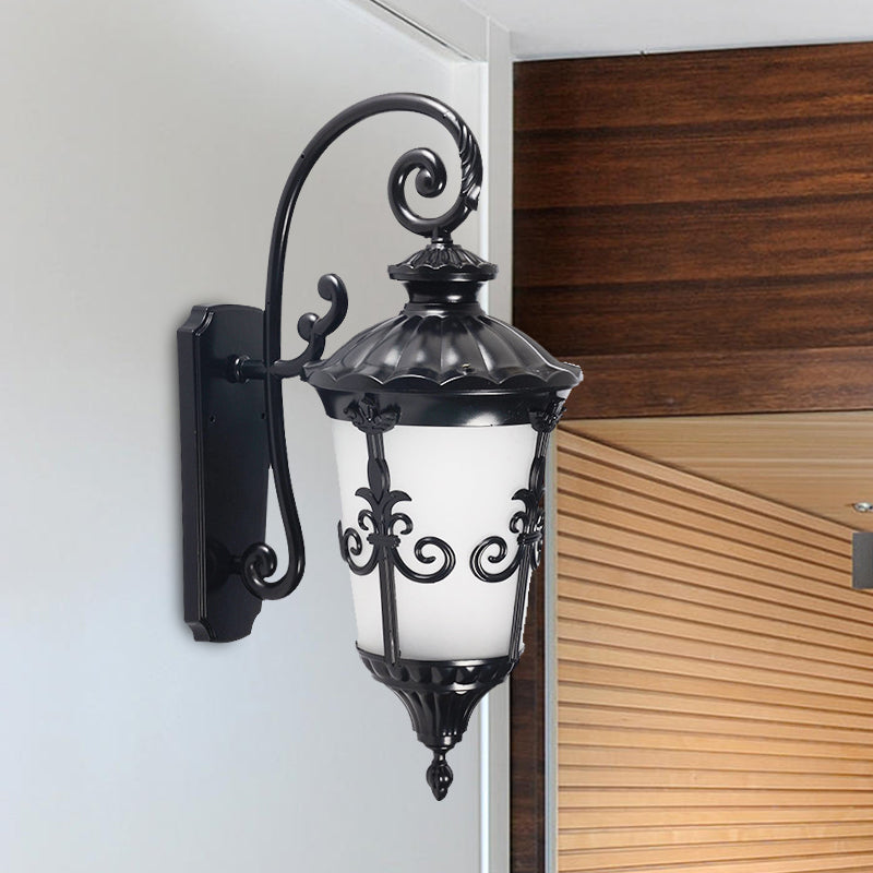 White Frosted Glass Urn Sconce Farmhouse 1 Light Balcony Wall Mounted Lamp in Black Black Clearhalo 'Wall Lamps & Sconces' 'Wall Lights' Lighting' 728913