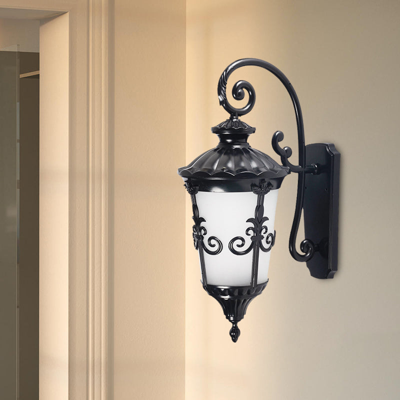 White Frosted Glass Urn Sconce Farmhouse 1 Light Balcony Wall Mounted Lamp in Black Clearhalo 'Wall Lamps & Sconces' 'Wall Lights' Lighting' 728914