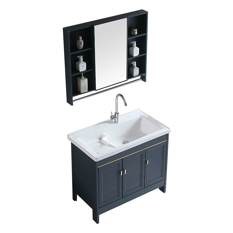 Grey Bath Vanity Freestanding Rectangular Single Sink Doors Metal Frame Vanity with Mirror Vanity & Faucet & Mirror Cabinet Clearhalo 'Bathroom Remodel & Bathroom Fixtures' 'Bathroom Vanities' 'bathroom_vanities' 'Home Improvement' 'home_improvement' 'home_improvement_bathroom_vanities' 7289155