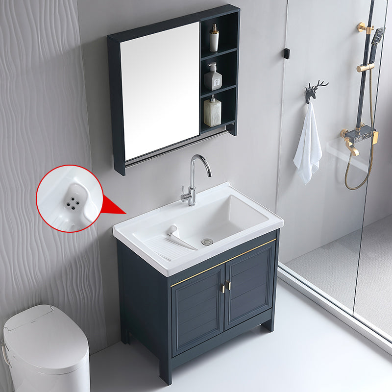 Grey Bath Vanity Freestanding Rectangular Single Sink Doors Metal Frame Vanity with Mirror Clearhalo 'Bathroom Remodel & Bathroom Fixtures' 'Bathroom Vanities' 'bathroom_vanities' 'Home Improvement' 'home_improvement' 'home_improvement_bathroom_vanities' 7289156