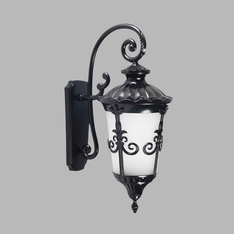 White Frosted Glass Urn Sconce Farmhouse 1 Light Balcony Wall Mounted Lamp in Black Clearhalo 'Wall Lamps & Sconces' 'Wall Lights' Lighting' 728916