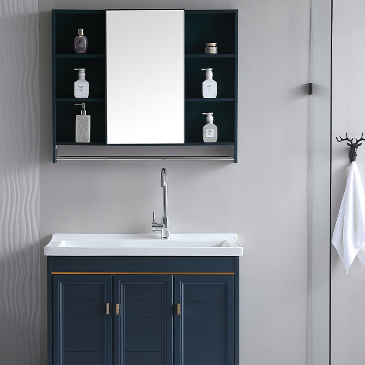 Grey Bath Vanity Freestanding Rectangular Single Sink Doors Metal Frame Vanity with Mirror Clearhalo 'Bathroom Remodel & Bathroom Fixtures' 'Bathroom Vanities' 'bathroom_vanities' 'Home Improvement' 'home_improvement' 'home_improvement_bathroom_vanities' 7289160
