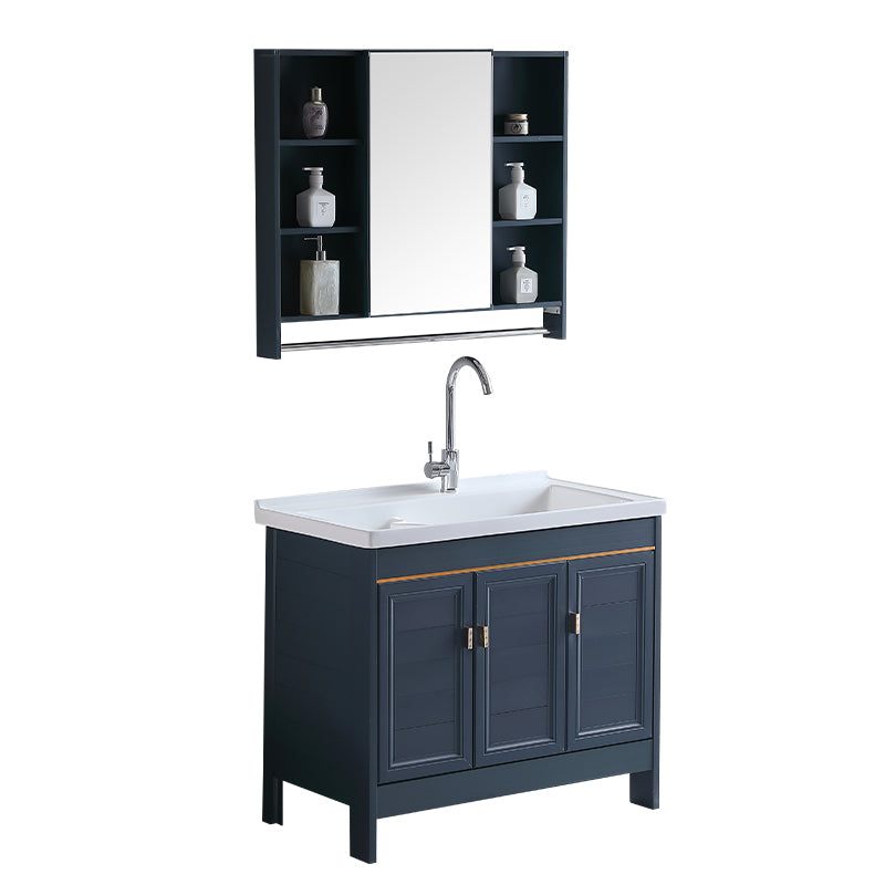 Grey Bath Vanity Freestanding Rectangular Single Sink Doors Metal Frame Vanity with Mirror Clearhalo 'Bathroom Remodel & Bathroom Fixtures' 'Bathroom Vanities' 'bathroom_vanities' 'Home Improvement' 'home_improvement' 'home_improvement_bathroom_vanities' 7289162