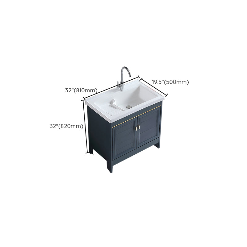 Grey Bath Vanity Freestanding Rectangular Single Sink Doors Metal Frame Vanity with Mirror Clearhalo 'Bathroom Remodel & Bathroom Fixtures' 'Bathroom Vanities' 'bathroom_vanities' 'Home Improvement' 'home_improvement' 'home_improvement_bathroom_vanities' 7289174