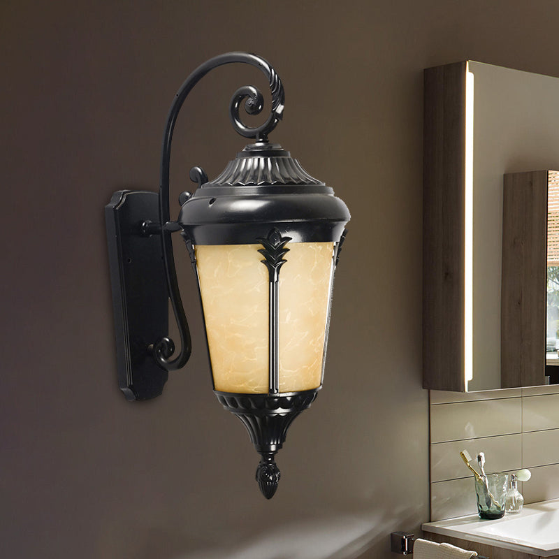 1 Bulb Tan Cracked Glass Sconce Lighting Country Black Urn Outdoor Wall Mount Lamp Black Clearhalo 'Wall Lamps & Sconces' 'Wall Lights' Lighting' 728923