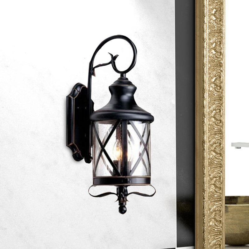 Black 1 Head Wall Light Fixture Rustic Clear Seeded Glass Jar Shape Wall Sconce Lamp for Garden Clearhalo 'Wall Lamps & Sconces' 'Wall Lights' Lighting' 728929