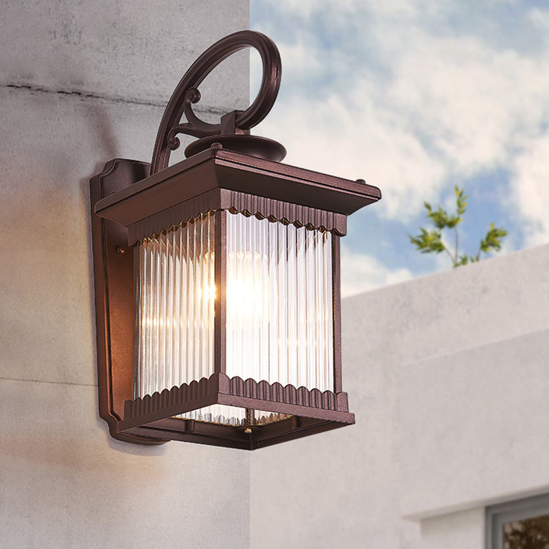 1-Head Clear Ribbed Glass Wall Light Rustic Black Finish Cuboid Outdoor Wall Sconce Lamp Black Clearhalo 'Wall Lamps & Sconces' 'Wall Lights' Lighting' 728963