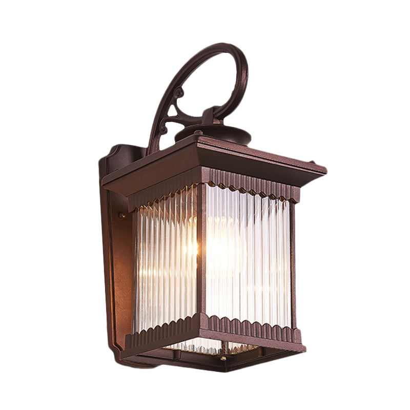 1-Head Clear Ribbed Glass Wall Light Rustic Black Finish Cuboid Outdoor Wall Sconce Lamp Clearhalo 'Wall Lamps & Sconces' 'Wall Lights' Lighting' 728965