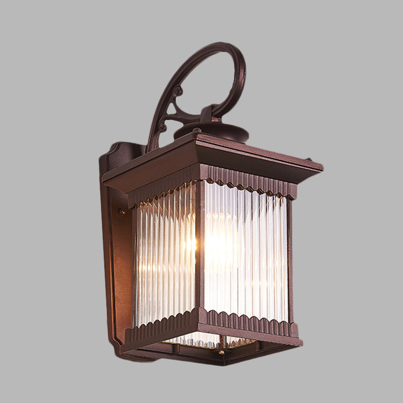 1-Head Clear Ribbed Glass Wall Light Rustic Black Finish Cuboid Outdoor Wall Sconce Lamp Clearhalo 'Wall Lamps & Sconces' 'Wall Lights' Lighting' 728966