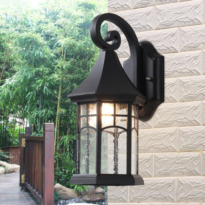 1-Bulb Clear Water Glass Sconce Farmhouse Black/Bronze Pavilion Courtyard Wall Mounted Light Black Clearhalo 'Wall Lamps & Sconces' 'Wall Lights' Lighting' 728994