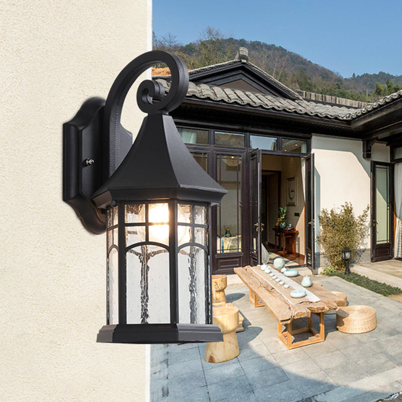 1-Bulb Clear Water Glass Sconce Farmhouse Black/Bronze Pavilion Courtyard Wall Mounted Light Clearhalo 'Wall Lamps & Sconces' 'Wall Lights' Lighting' 728995