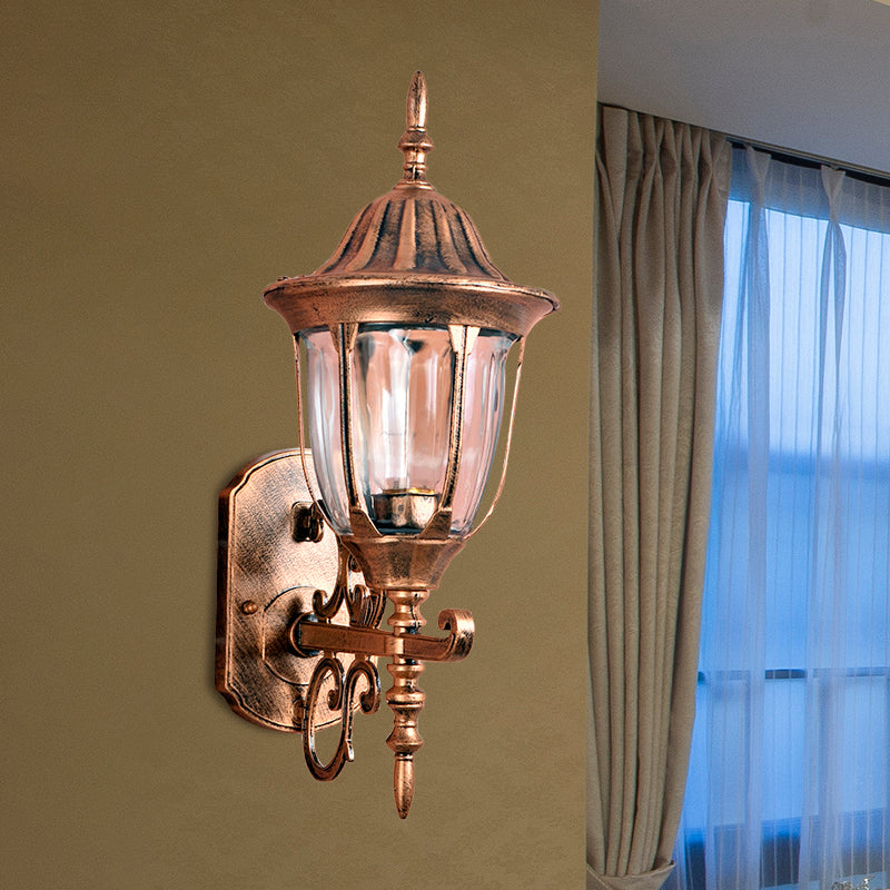 Brass Urn-Like Wall Sconce Lamp Lodges Clear Prismatic Glass 1 Light Outdoor Wall Light Fixture Brass Clearhalo 'Wall Lamps & Sconces' 'Wall Lights' Lighting' 729012