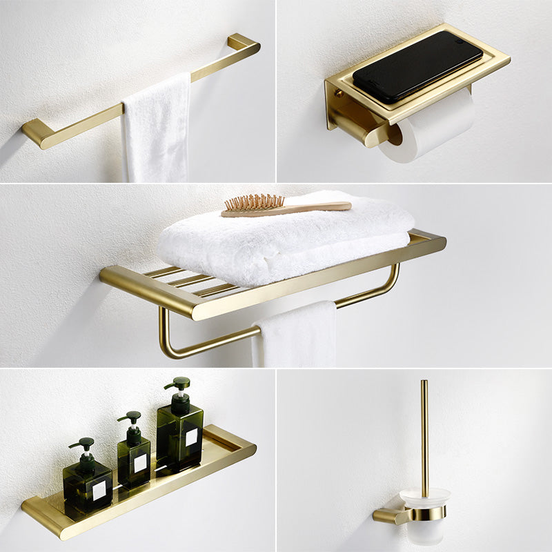 Modern Brushed Brass Bathroom Accessories Hardware Set with Towel Bar 5-Piece Set (Square Bath Shelf) Clearhalo 'Bathroom Hardware Sets' 'Bathroom Hardware' 'Bathroom Remodel & Bathroom Fixtures' 'bathroom_hardware_sets' 'Home Improvement' 'home_improvement' 'home_improvement_bathroom_hardware_sets' 7290142