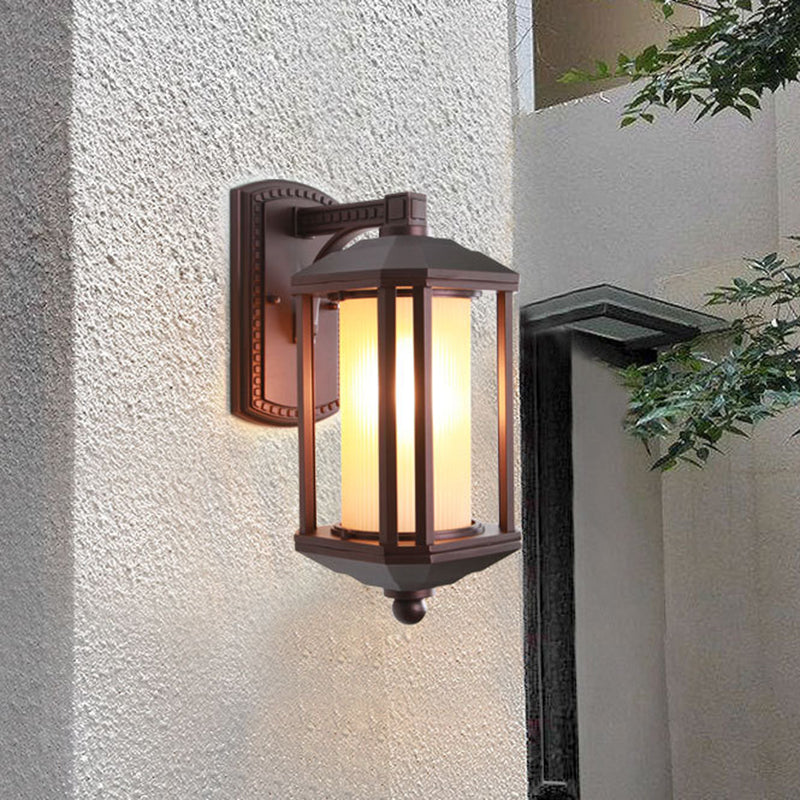 Dark Coffee Cylinder Wall Light Sconce Country Frosted Glass 1 Head Outdoor Wall Lighting Ideas with Frame Dark Coffee Clearhalo 'Wall Lamps & Sconces' 'Wall Lights' Lighting' 729027