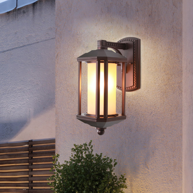 Dark Coffee Cylinder Wall Light Sconce Country Frosted Glass 1 Head Outdoor Wall Lighting Ideas with Frame Clearhalo 'Wall Lamps & Sconces' 'Wall Lights' Lighting' 729028