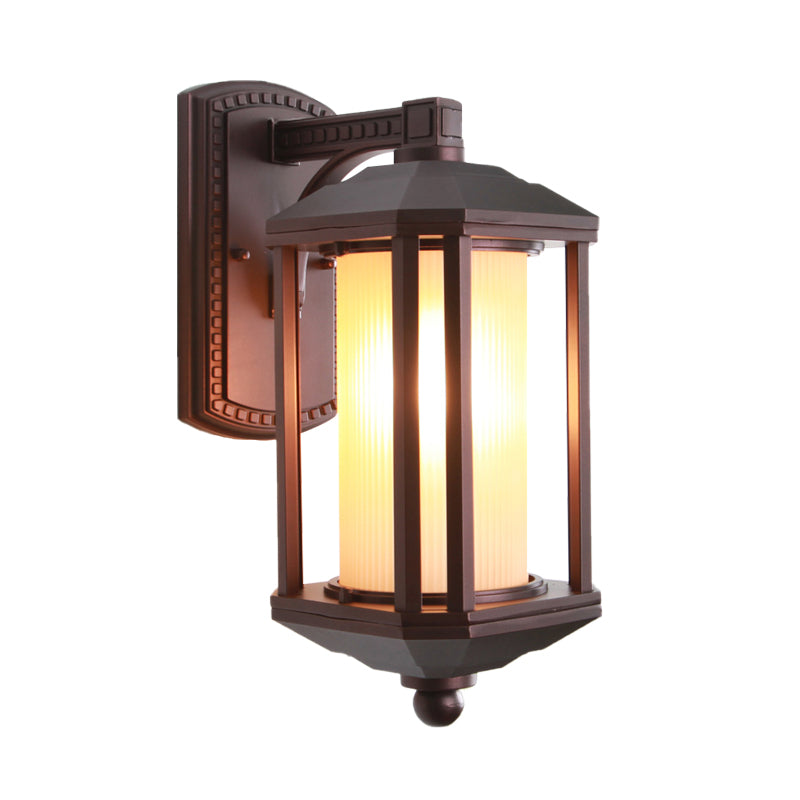 Dark Coffee Cylinder Wall Light Sconce Country Frosted Glass 1 Head Outdoor Wall Lighting Ideas with Frame Clearhalo 'Wall Lamps & Sconces' 'Wall Lights' Lighting' 729029