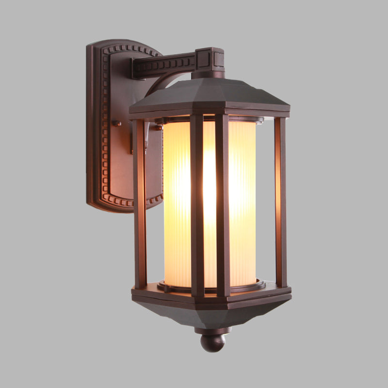 Dark Coffee Cylinder Wall Light Sconce Country Frosted Glass 1 Head Outdoor Wall Lighting Ideas with Frame Clearhalo 'Wall Lamps & Sconces' 'Wall Lights' Lighting' 729030