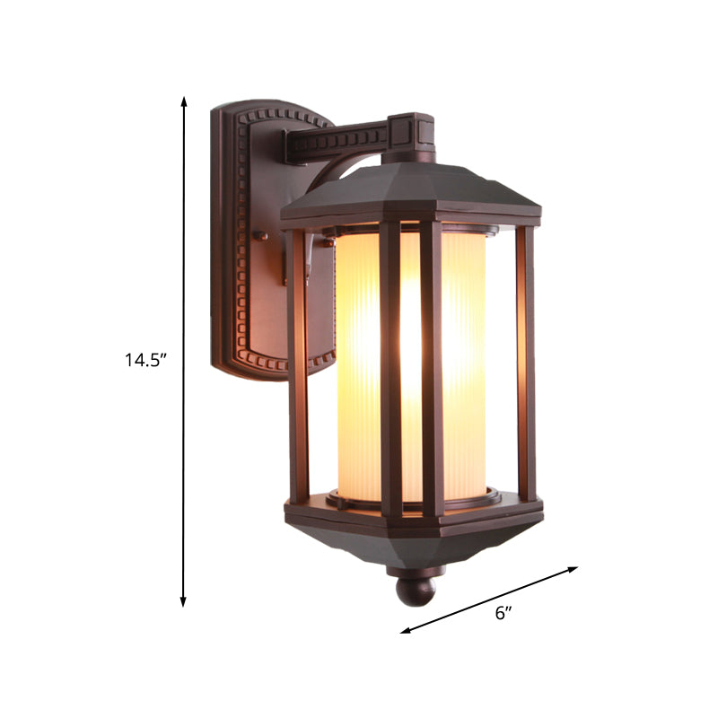 Dark Coffee Cylinder Wall Light Sconce Country Frosted Glass 1 Head Outdoor Wall Lighting Ideas with Frame Clearhalo 'Wall Lamps & Sconces' 'Wall Lights' Lighting' 729031