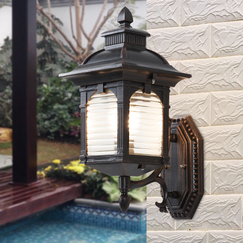 Black 1 Bulb Sconce Light Fixture Lodges Clear Ribbed Glass Pavilion Wall Mount Lamp Black Clearhalo 'Wall Lamps & Sconces' 'Wall Lights' Lighting' 729032