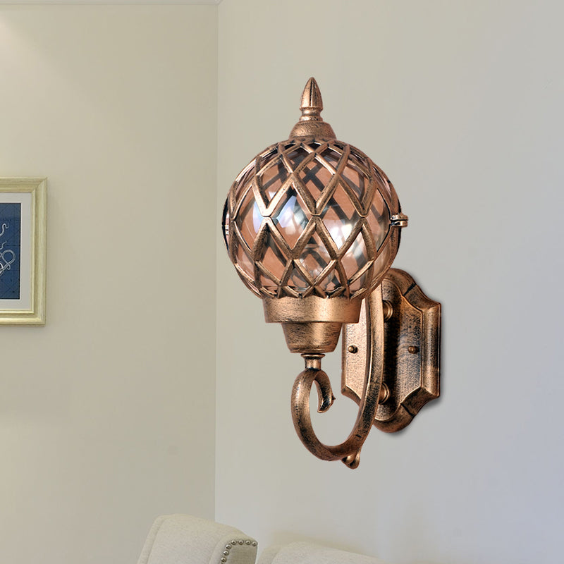 Clear Glass Globe Wall Sconce Lighting Lodges 1-Bulb Outdoor Wall Mount Lamp in Brass with Cage Clearhalo 'Wall Lamps & Sconces' 'Wall Lights' Lighting' 729046