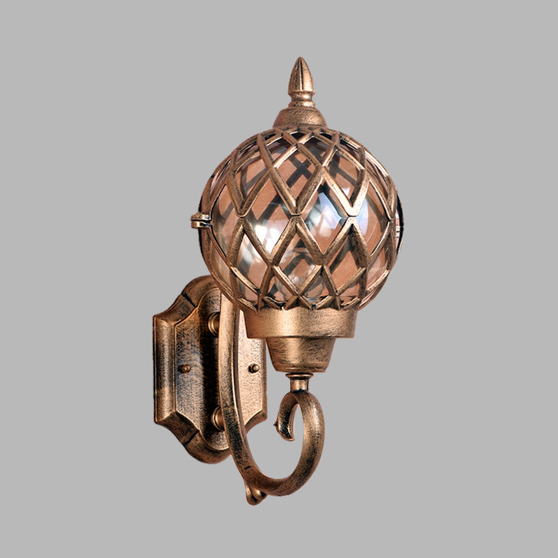 Clear Glass Globe Wall Sconce Lighting Lodges 1-Bulb Outdoor Wall Mount Lamp in Brass with Cage Clearhalo 'Wall Lamps & Sconces' 'Wall Lights' Lighting' 729048