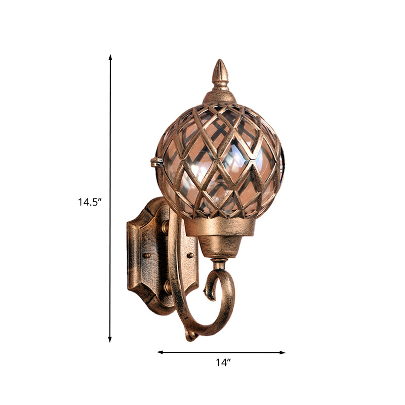 Clear Glass Globe Wall Sconce Lighting Lodges 1-Bulb Outdoor Wall Mount Lamp in Brass with Cage Clearhalo 'Wall Lamps & Sconces' 'Wall Lights' Lighting' 729049