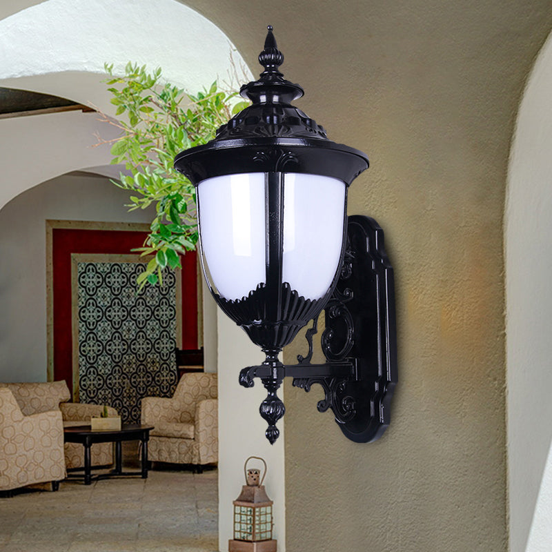 Farmhouse Urn Wall Mount Lighting 1 Bulb Milky Plastic Wall Lamp Sconce in Black for Courtyard Clearhalo 'Wall Lamps & Sconces' 'Wall Lights' Lighting' 729101