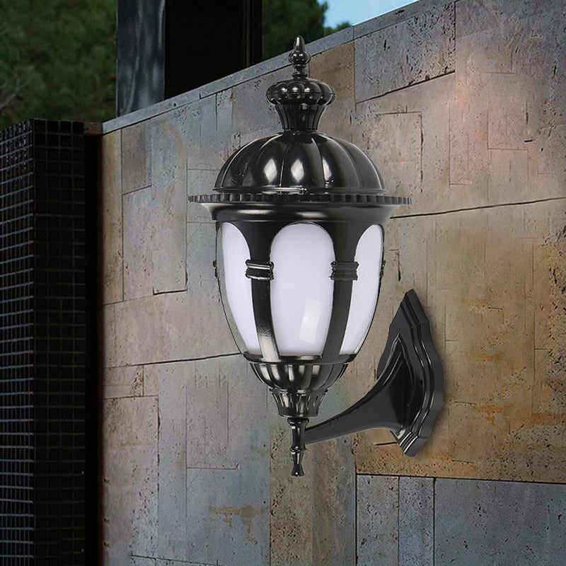 1 Head Wall Lighting Ideas Countryside Courtyard Sconce Lamp with Urn White Plastic Shade in Black Black Clearhalo 'Wall Lamps & Sconces' 'Wall Lights' Lighting' 729110