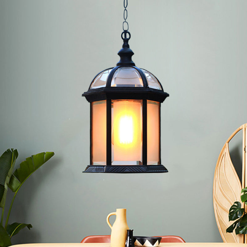 Black/Brass 1 Head Suspension Light Farmhouse Frosted Glass Birdcage Hanging Ceiling Lamp for Courtyard Black Clearhalo 'Ceiling Lights' 'Glass shade' 'Glass' 'Pendant Lights' 'Pendants' Lighting' 729115
