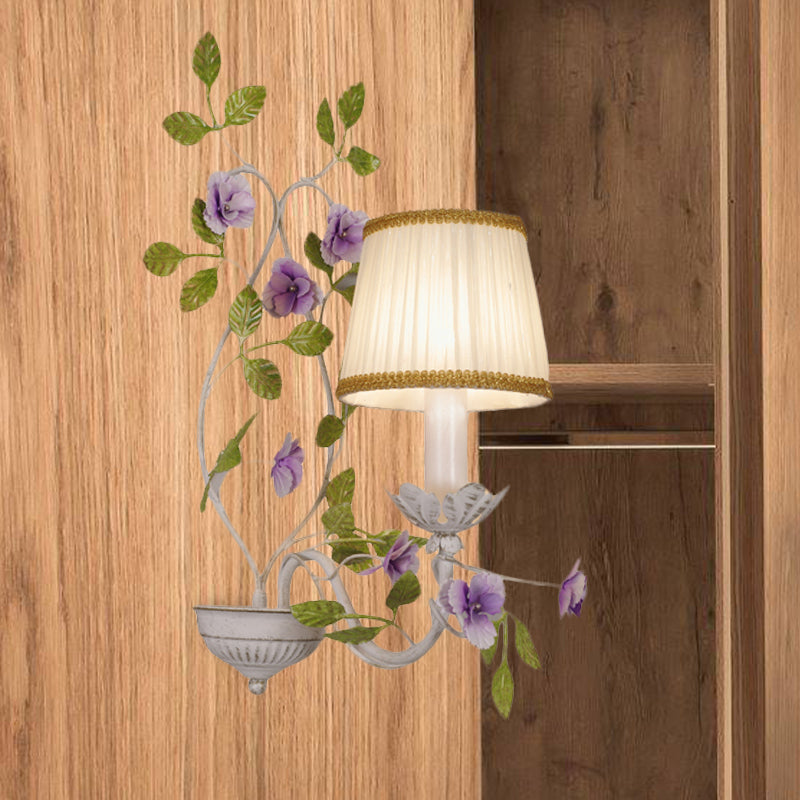 Pleated Shade Bedroom Wall Lamp Countryside Fabric 1/2-Bulb White Wall Sconce with Purple Flower 1.0 White Clearhalo 'Wall Lamps & Sconces' 'Wall Lights' Lighting' 729133