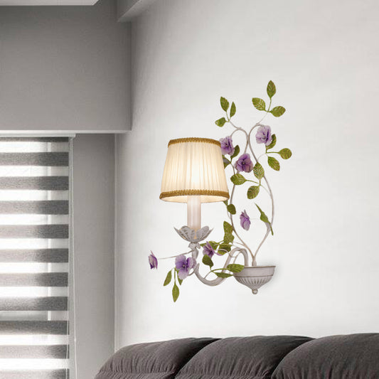 Pleated Shade Bedroom Wall Lamp Countryside Fabric 1/2-Bulb White Wall Sconce with Purple Flower Clearhalo 'Wall Lamps & Sconces' 'Wall Lights' Lighting' 729134