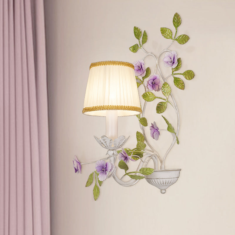 Pleated Shade Bedroom Wall Lamp Countryside Fabric 1/2-Bulb White Wall Sconce with Purple Flower Clearhalo 'Wall Lamps & Sconces' 'Wall Lights' Lighting' 729135