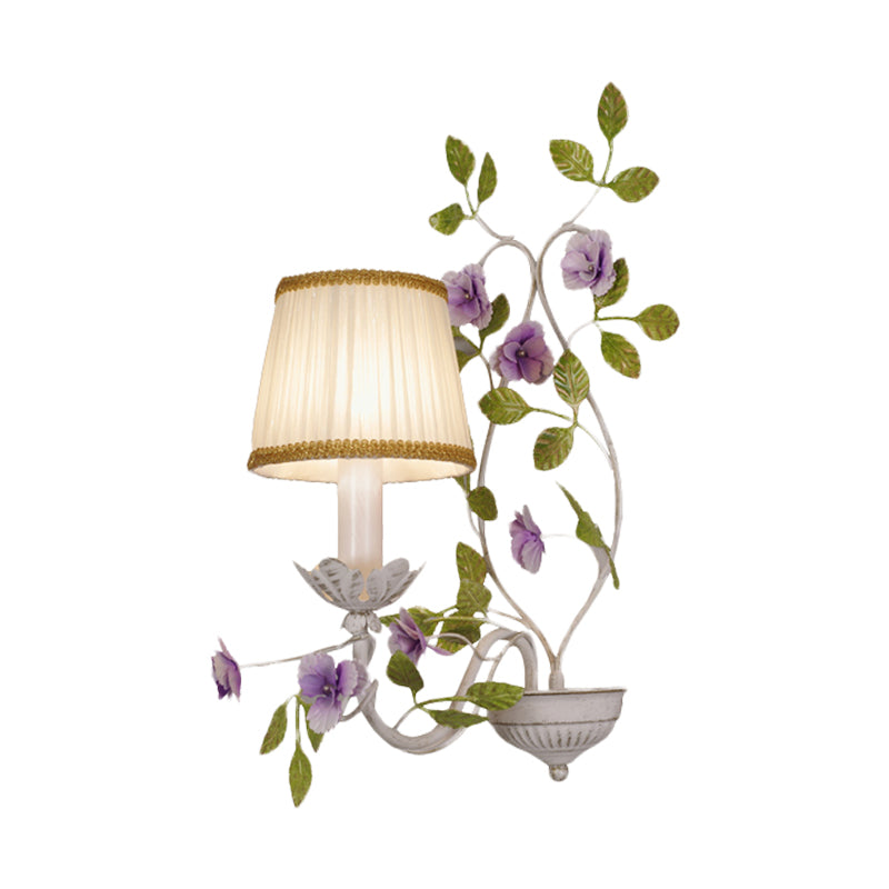 Pleated Shade Bedroom Wall Lamp Countryside Fabric 1/2-Bulb White Wall Sconce with Purple Flower Clearhalo 'Wall Lamps & Sconces' 'Wall Lights' Lighting' 729136