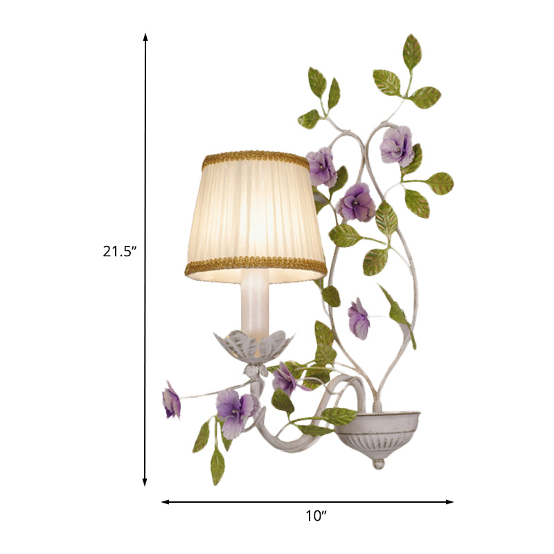 Pleated Shade Bedroom Wall Lamp Countryside Fabric 1/2-Bulb White Wall Sconce with Purple Flower Clearhalo 'Wall Lamps & Sconces' 'Wall Lights' Lighting' 729137