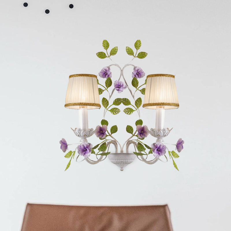 Pleated Shade Bedroom Wall Lamp Countryside Fabric 1/2-Bulb White Wall Sconce with Purple Flower Clearhalo 'Wall Lamps & Sconces' 'Wall Lights' Lighting' 729139