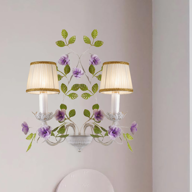 Pleated Shade Bedroom Wall Lamp Countryside Fabric 1/2-Bulb White Wall Sconce with Purple Flower Clearhalo 'Wall Lamps & Sconces' 'Wall Lights' Lighting' 729140