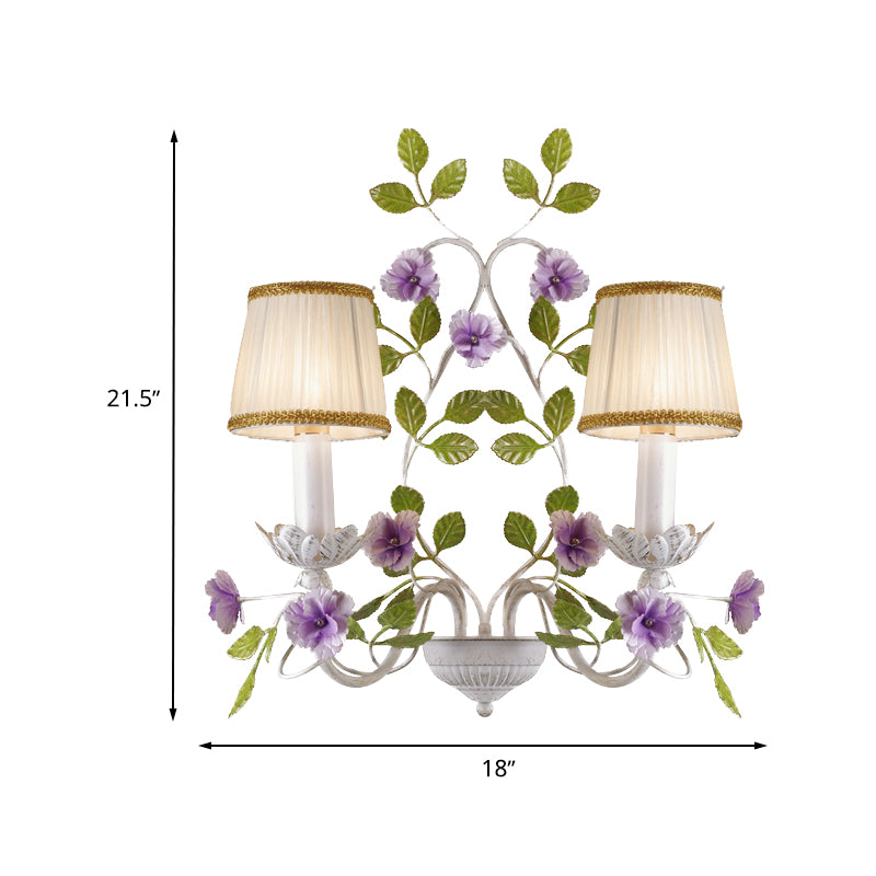 Pleated Shade Bedroom Wall Lamp Countryside Fabric 1/2-Bulb White Wall Sconce with Purple Flower Clearhalo 'Wall Lamps & Sconces' 'Wall Lights' Lighting' 729142