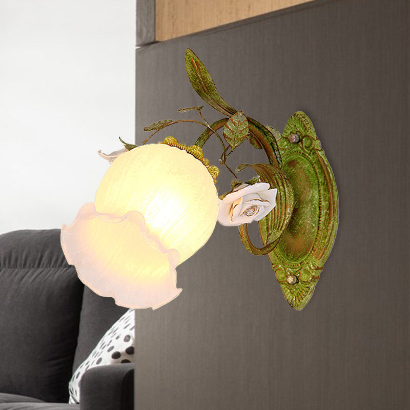 Green Blossom Wall Sconce Lighting Korean Garden Cream Glass 1/2-Light Hallway Wall Light Fixture 1.0 Green Clearhalo 'Wall Lamps & Sconces' 'Wall Lights' Lighting' 729143