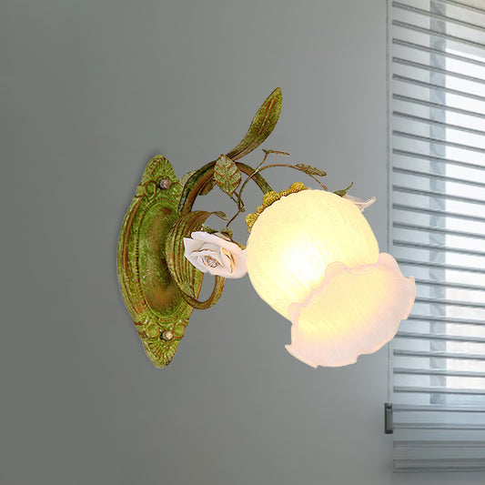 Green Blossom Wall Sconce Lighting Korean Garden Cream Glass 1/2-Light Hallway Wall Light Fixture Clearhalo 'Wall Lamps & Sconces' 'Wall Lights' Lighting' 729145