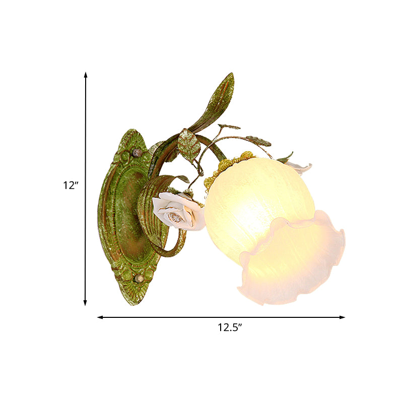 Green Blossom Wall Sconce Lighting Korean Garden Cream Glass 1/2-Light Hallway Wall Light Fixture Clearhalo 'Wall Lamps & Sconces' 'Wall Lights' Lighting' 729147