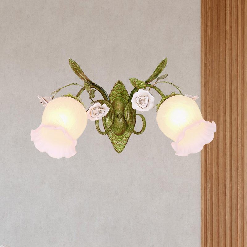 Green Blossom Wall Sconce Lighting Korean Garden Cream Glass 1/2-Light Hallway Wall Light Fixture 2.0 Green Clearhalo 'Wall Lamps & Sconces' 'Wall Lights' Lighting' 729148