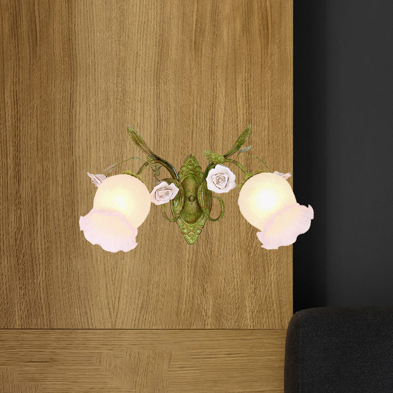 Green Blossom Wall Sconce Lighting Korean Garden Cream Glass 1/2-Light Hallway Wall Light Fixture Clearhalo 'Wall Lamps & Sconces' 'Wall Lights' Lighting' 729149