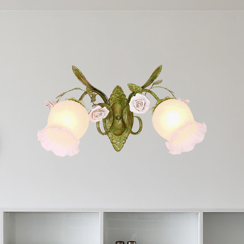 Green Blossom Wall Sconce Lighting Korean Garden Cream Glass 1/2-Light Hallway Wall Light Fixture Clearhalo 'Wall Lamps & Sconces' 'Wall Lights' Lighting' 729150