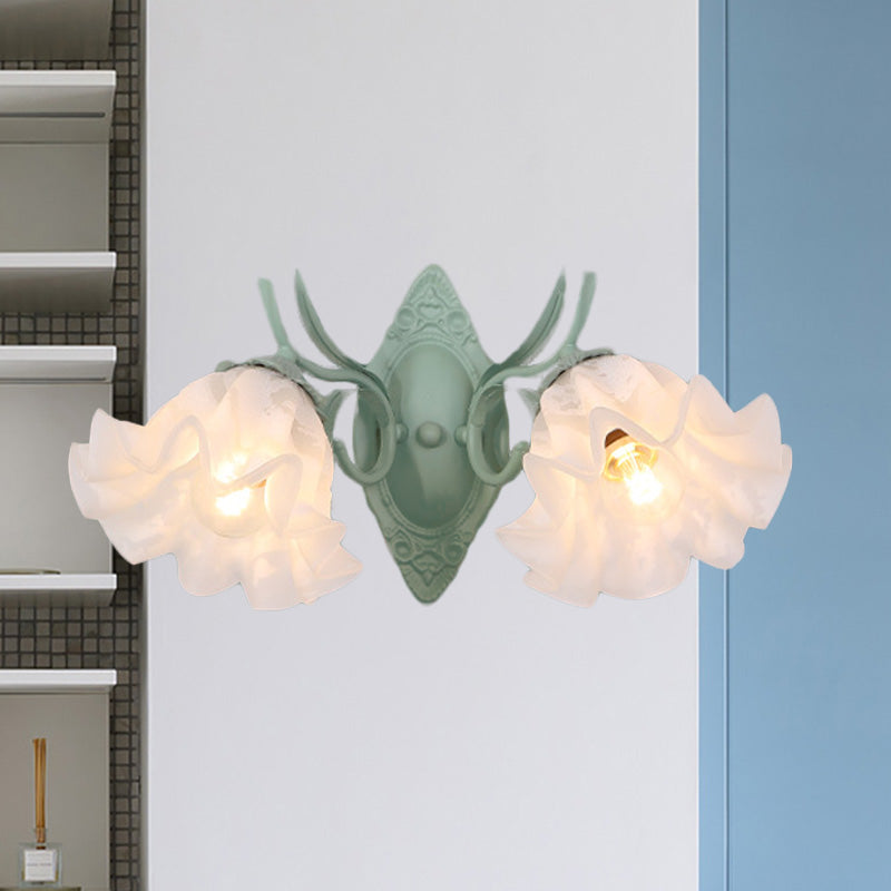 Green Scalloped Wall Lighting Fixture Pastoral White Glass 2 Bulbs Living Room Sconce Lamp White Clearhalo 'Wall Lamps & Sconces' 'Wall Lights' Lighting' 729153