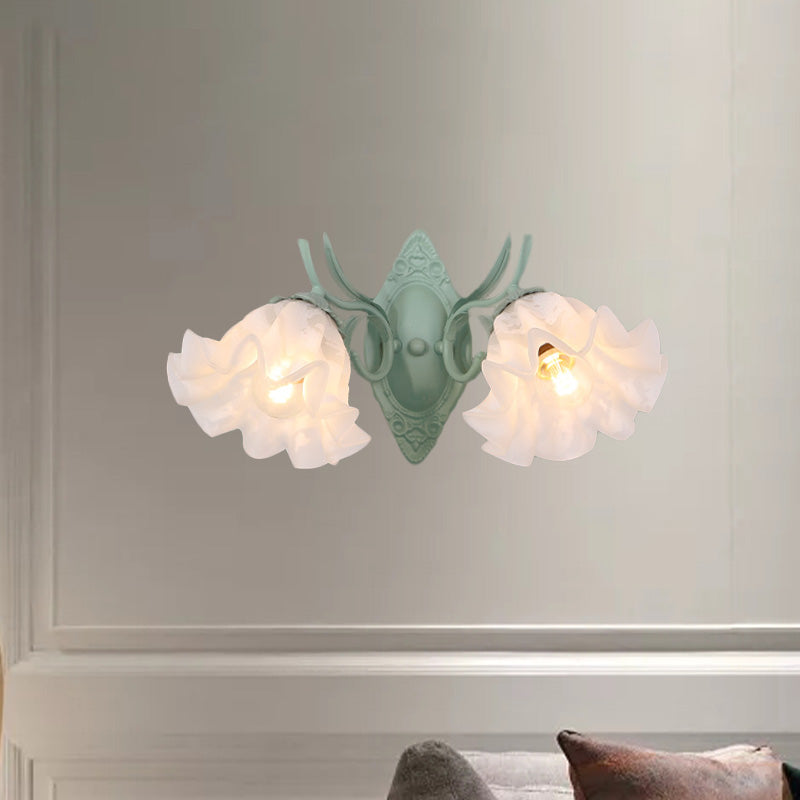 Green Scalloped Wall Lighting Fixture Pastoral White Glass 2 Bulbs Living Room Sconce Lamp Clearhalo 'Wall Lamps & Sconces' 'Wall Lights' Lighting' 729154