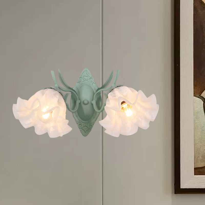 Green Scalloped Wall Lighting Fixture Pastoral White Glass 2 Bulbs Living Room Sconce Lamp Clearhalo 'Wall Lamps & Sconces' 'Wall Lights' Lighting' 729155