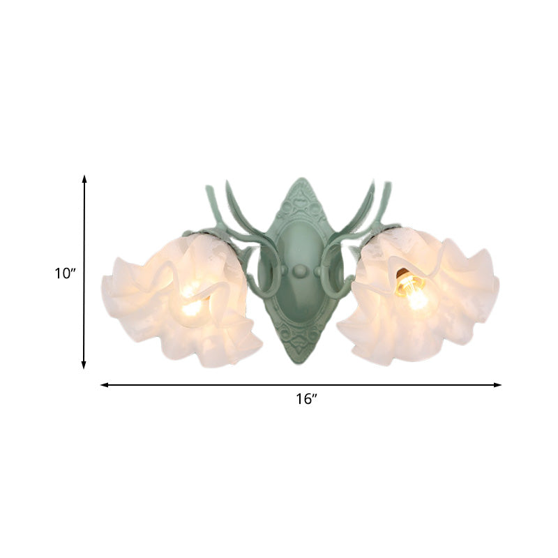 Green Scalloped Wall Lighting Fixture Pastoral White Glass 2 Bulbs Living Room Sconce Lamp Clearhalo 'Wall Lamps & Sconces' 'Wall Lights' Lighting' 729157