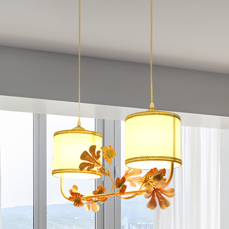 Pastoral Cylinder Multi Pendant Lamp 2 Bulbs Fabric Hanging Ceiling Light in White with Blossom Decor Clearhalo 'Ceiling Lights' 'Pendant Lights' 'Pendants' Lighting' 729163